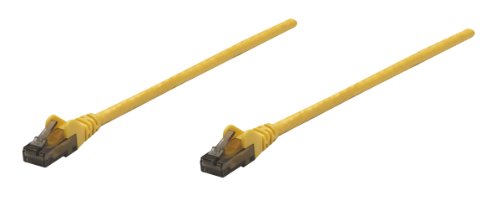 Yellow 10m Cat6 network patch cable by Intellinet, featuring CCA material, U/UTP configuration, PVC insulation, and RJ connectors on both ends.