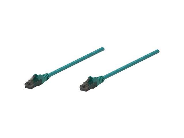 Green 1m Intellinet Cat6 network patch cable with CCA U/UTP PVC material, featuring snagless booted design and gold-plated RJ45 contacts.