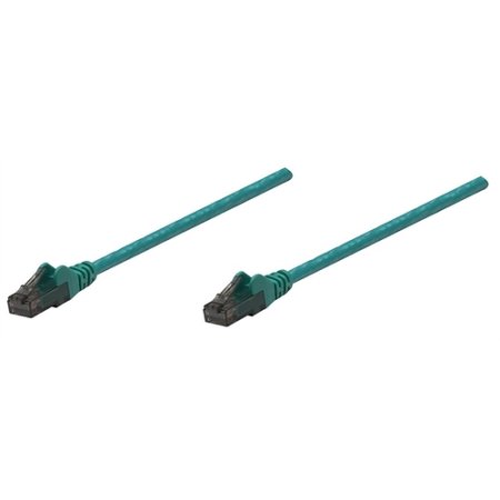 Green Intellinet Cat6 network patch cable, 2 meters long, featuring CCA material, U/UTP configuration, PVC insulation, and RJ45 connectors on both ends.