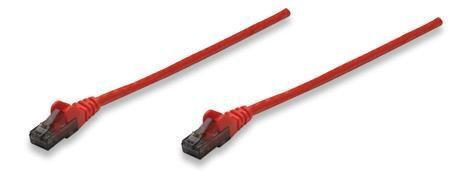 Red 2m Intellinet Cat6 network patch cable featuring CCA material, U/UTP design, PVC insulation, and RJ45 connectors on both ends.