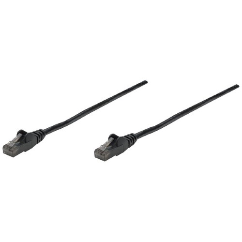Black Intellinet Cat6 network patch cable, 3m long, with CCA material, U/UTP design, PVC insulation, snagless booted RJ45 connectors, and gold-plated contacts, packaged in a polybag.