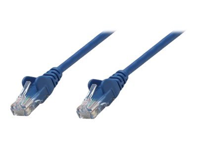 Blue Intellinet Cat6A network patch cable, 0.25m long, made of copper with S/FTP shielding, featuring clear plastic connectors on both ends.
