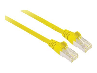 Yellow Intellinet Cat6A network patch cable, 2m long, featuring copper S/FTP construction and LSOH material, with clear connectors on both ends.