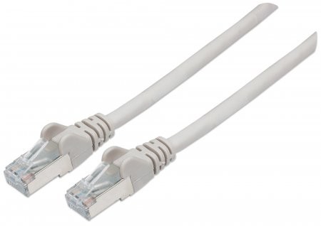 Grey Intellinet Cat6A network patch cable, 30m long, made of copper with S/FTP shielding and LSOH material, featuring clear connectors on both ends.