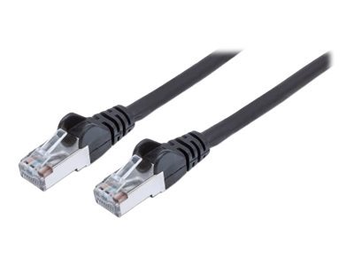Black Intellinet Cat6A network patch cable, 3 meters long, featuring copper S/FTP construction and LSOH material, with transparent connectors on both ends.