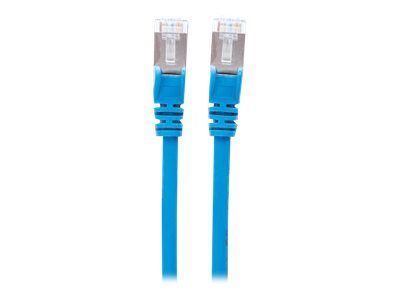 Blue Intellinet Cat6A network patch cable, 5m long, made of copper with S/FTP shielding and LSOH material, featuring clear connectors on both ends.