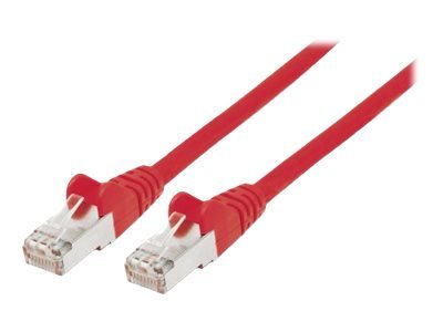 Red Intellinet Cat6A network patch cable, 5 meters long, featuring copper S/FTP construction and LSOH material, with clear connectors on both ends.