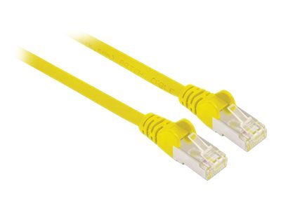 Yellow Cat6A network patch cable, 5 meters long, featuring copper S/FTP construction, snagless booted design, and gold-plated RJ45 contacts in a polybag.