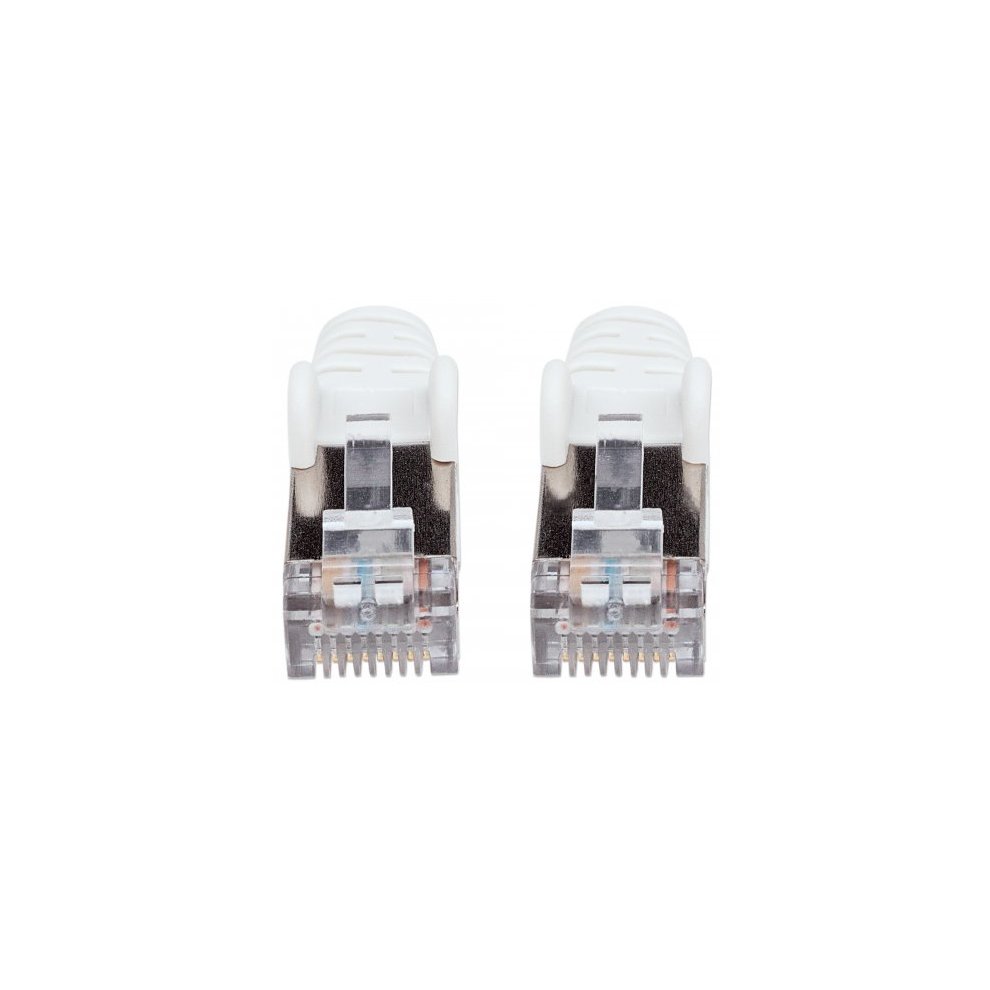 White Intellinet Cat7 network patch cable, 1 meter long, featuring transparent Cat6A plugs with metallic contacts and a flexible design for high-speed connectivity.