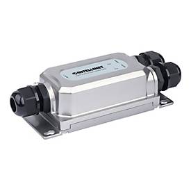 Silver vandalproof injector with black connectors, featuring a sleek design and labeled top, designed for outdoor use and supporting Gigabit Ultra PoE.