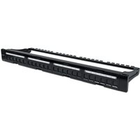 Black Intellinet 1U 24-port blank patch panel with rectangular slots and mounting brackets.