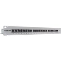 Intellinet 24-Port Cat6 FTP patch panel, 1U, shielded, with a sleek silver finish and 90° top-entry design.