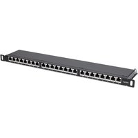 Black Intellinet 24-Port Cat6a FTP patch panel, 19" rack-mountable, 0.5U size, shielded with labeled ports.