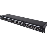 Black Intellinet 24-Port Cat6a FTP patch panel, 1U, shielded, with numbered ports and 90° top-entry design.