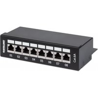 Black Intellinet 8-port Cat6a FTP desktop patch panel, shielded, with numbered ports and 90° top design.