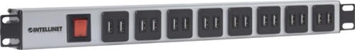 Intellinet POWER STRIP 19" features a sleek silver metal housing with 16 black AC outlets and a red power switch for easy access and control.