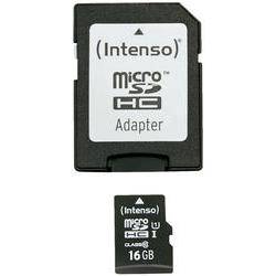 Black Intenso 16GB MicroSDHC card with UHS-I Class 10 rating, accompanied by a matching black adapter, both featuring white text and icons for easy identification.