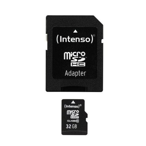Black Intenso 32GB MicroSDHC Class 10 card with an adapter, featuring a sleek design and clear labeling for easy identification and use.