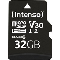 Black Intenso 32GB MicroSDHC card, UHS-I, Class 10, V30, with white text and symbols on the front.