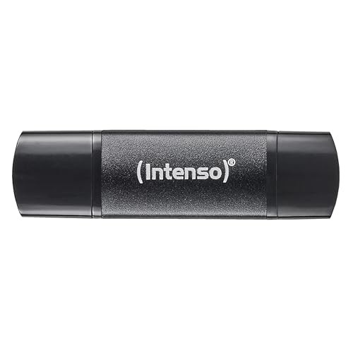 Black Intenso USB flash drive with a sleek, matte finish, featuring both USB Type-A and USB Type-C connectors, labeled with the Intenso logo, capacity of 32 GB.