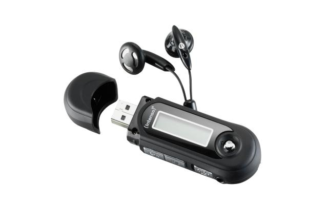 Compact black Intenso MP3/MP4 player with 16 GB storage, featuring a USB connector, a small display, and attached black earbuds in a protective case.