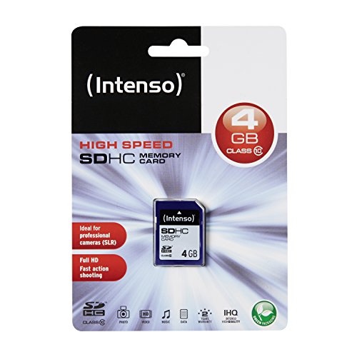 Blue Intenso 4GB SDHC memory card in packaging, featuring a high-speed design, Class 10 rating, and a speed of 20 MB/s, ideal for professional cameras.