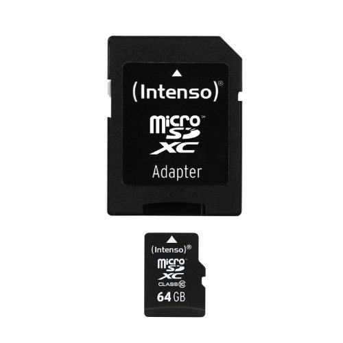 Black Intenso 64GB MicroSDHC MicroSDXC Class 10 card with a small white logo, accompanied by a black adapter card, both featuring a sleek, rectangular design.