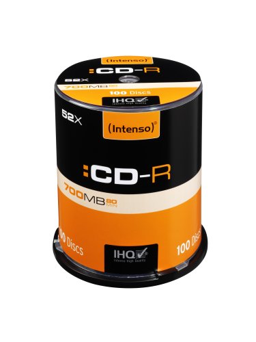 Black and orange cylindrical packaging containing 100 Intenso CD-R discs, each with a capacity of 700MB and a recording speed of 52x.
