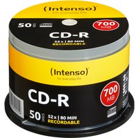 Intenso CD-R 700MB 52x spindle pack, black and yellow label, 50 discs, clear plastic casing.