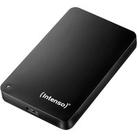 Black Intenso Memory Case 500 GB external hard drive, compact rectangular design with logo and USB port.