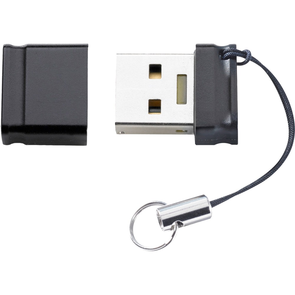 Intenso Slim Line 128 GB flash drive in black, featuring a sleek design, USB 3.2 Gen 1x1 connector, and a removable cap with a lanyard attachment.