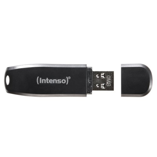 Black Intenso 3533490 64 GB Speed Line USB 3.0 flash drive with a sleek design, featuring a retractable connector and a silver accent on the edge.