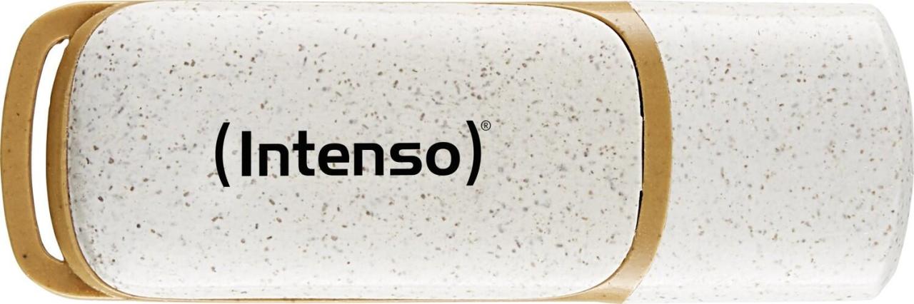 White and gold Intenso SUPER SPEED USB 3.2 32GB flash drive with a speckled design, featuring a retractable connector and the brand logo prominently displayed.