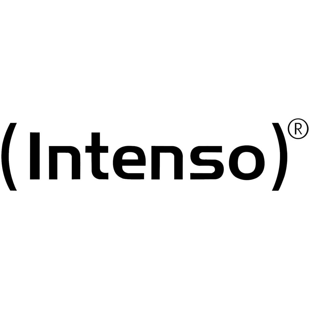 Black rectangular external hard drive with "Intenso" logo prominently displayed, featuring a sleek, matte finish and compact design, labeled as 1 TB, 2.5" Serial ATA III MLC.