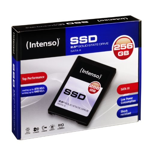 Black 2.5" solid state drive with "Intenso" branding, featuring "256 GB" and "SATA III" labels, housed in a sleek box with performance specifications and shock-resistant features.