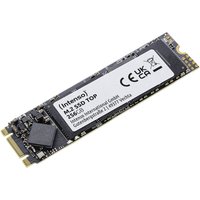 Intenso Top 256 GB M.2 SATA III SSD with black circuit board and white label featuring specifications and certifications.