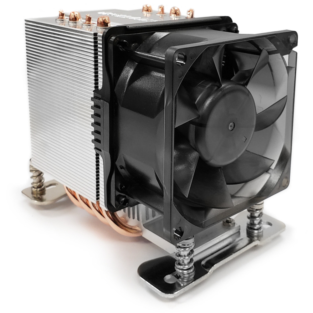 Inter-Tech -35 Processor Cooler features a silver heatsink with black fan blades, copper heat pipes, and a sturdy metal base with spring mounts for secure installation.