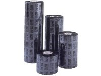 Black thermal ribbons in various sizes, featuring a glossy finish and printed patterns, designed for use with Intermec printers, showcasing durability and high-quality performance.