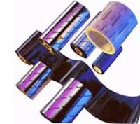 Thermal ribbon rolls in various sizes, featuring a glossy, multi-colored surface with a distinctive pattern, designed for use with thermal printers.