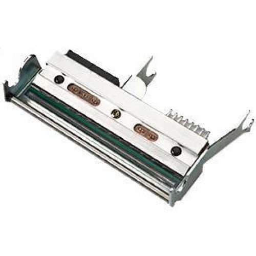 Thermal transfer print head in silver metal with a green stripe, featuring two copper contacts and a mounting bracket, designed for Intermec PM4I/PF4I printers.