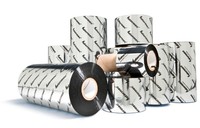 Black thermal ribbons with a glossy finish, featuring a white diagonal stripe pattern, stacked in various sizes, designed for the Intermec TMX 1310 / GP02 printer.