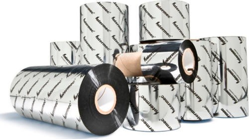 Black thermal ribbons in various rolls, featuring a glossy finish with "Intermec" branding printed in a repeating pattern across the surface.