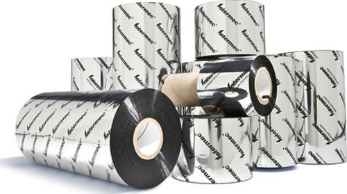 Shiny black and silver printer ribbons with "Intermec" branding, featuring a cylindrical shape and a core in the center, arranged in a clustered formation.