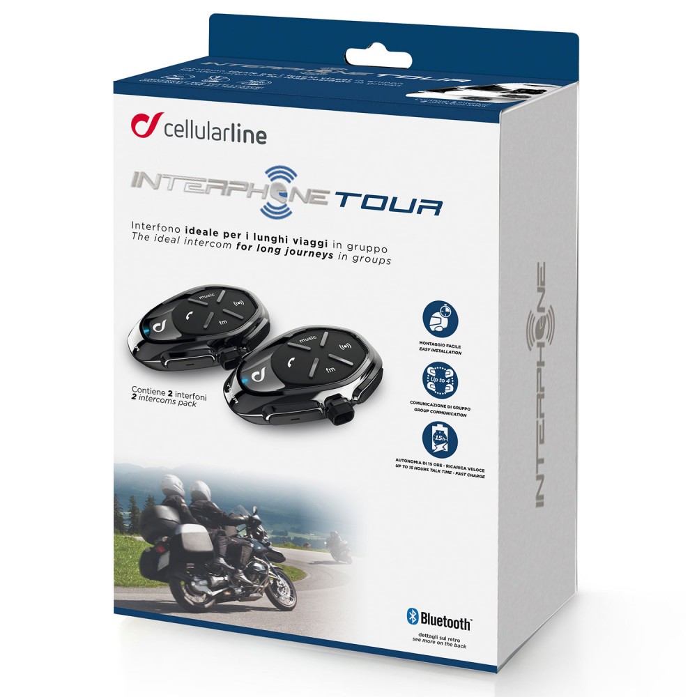 Black intercom system twin pack for two helmets, featuring large buttons for easy operation, Bluetooth connectivity, and a sleek design, packaged in a colorful box with motorcycle imagery.
