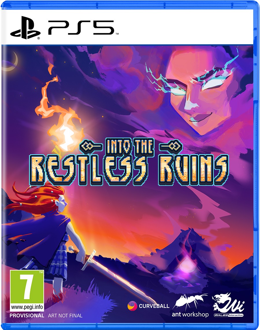 PS5 game cover for "Centresoft Into the Restless Ruin" by CURVEBALL, featuring vibrant artwork with a character in a red cloak and a mystical landscape with a glowing sky.