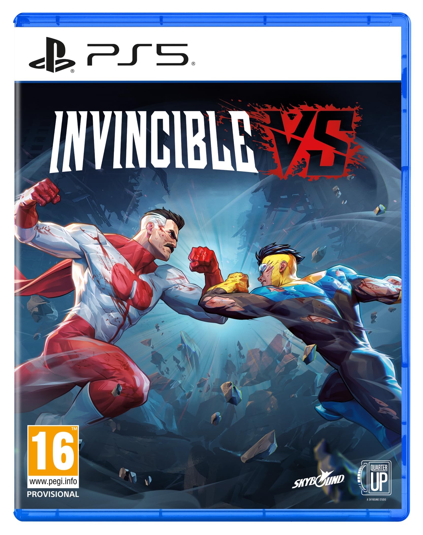 Cover art for "Invincible VS" on PS5, featuring two superheroes in vibrant colors, one in red and white, the other in blue and yellow, with dynamic action and debris in the background.