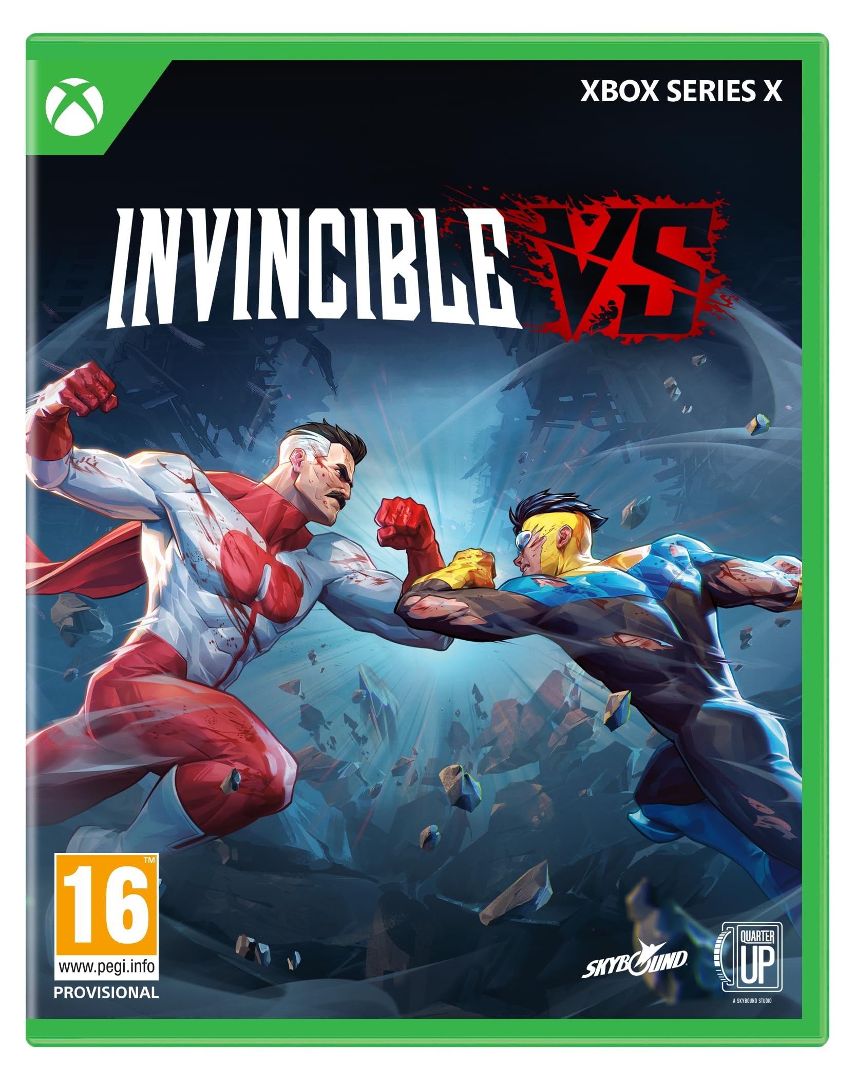 Cover art for "Invincible VS" featuring two superheroes in a dynamic battle pose, with vibrant colors and dramatic backgrounds, in a green Xbox Series X case.
