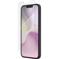 Clear Zagg InvisibleShield Glass Elite screen protector on black iPhone with pastel abstract wallpaper.
