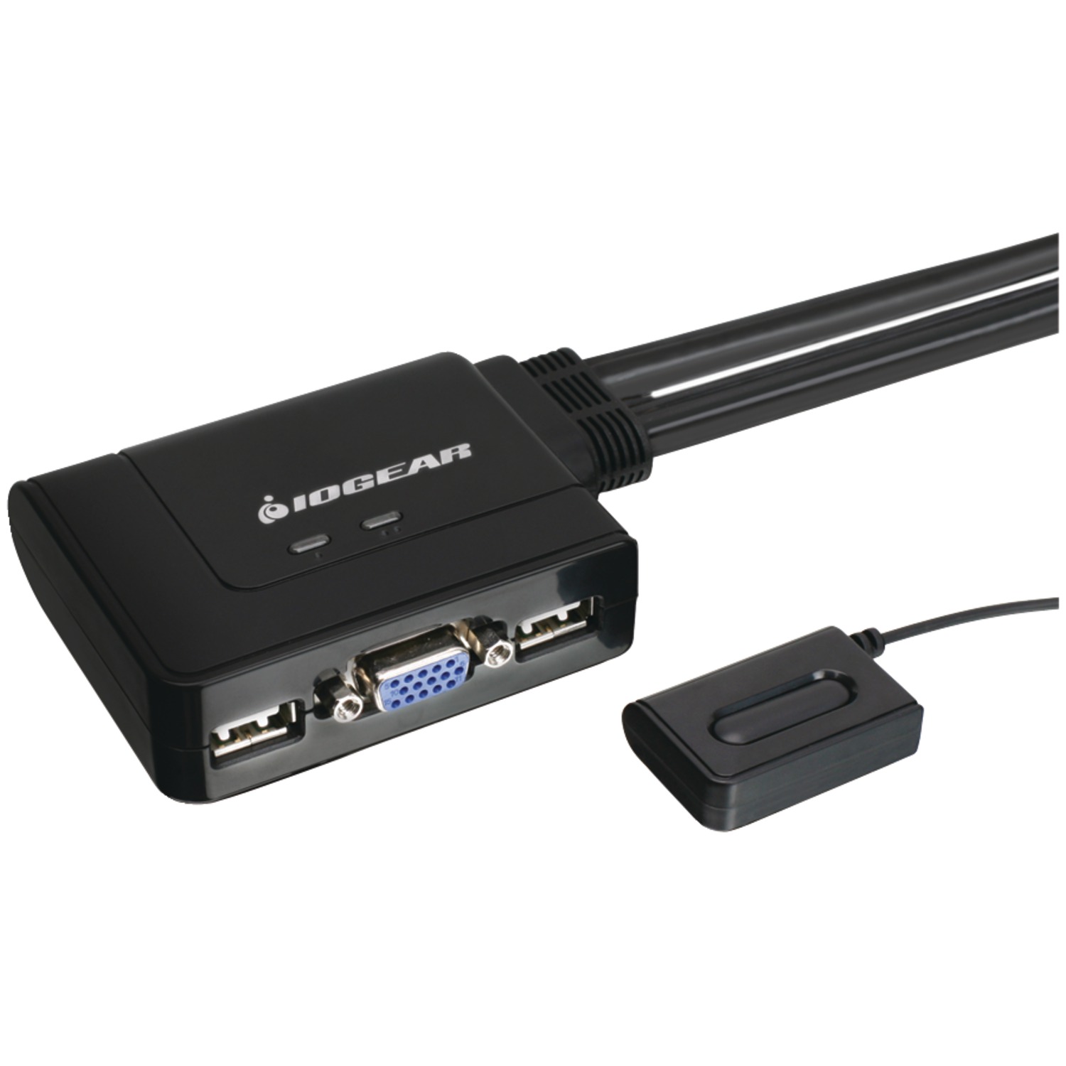 Black IOGEAR GCS22u 2-Port USB KVM switch featuring two USB ports, a HD-15 monitor port, and a compact design with an external remote switch for easy access.