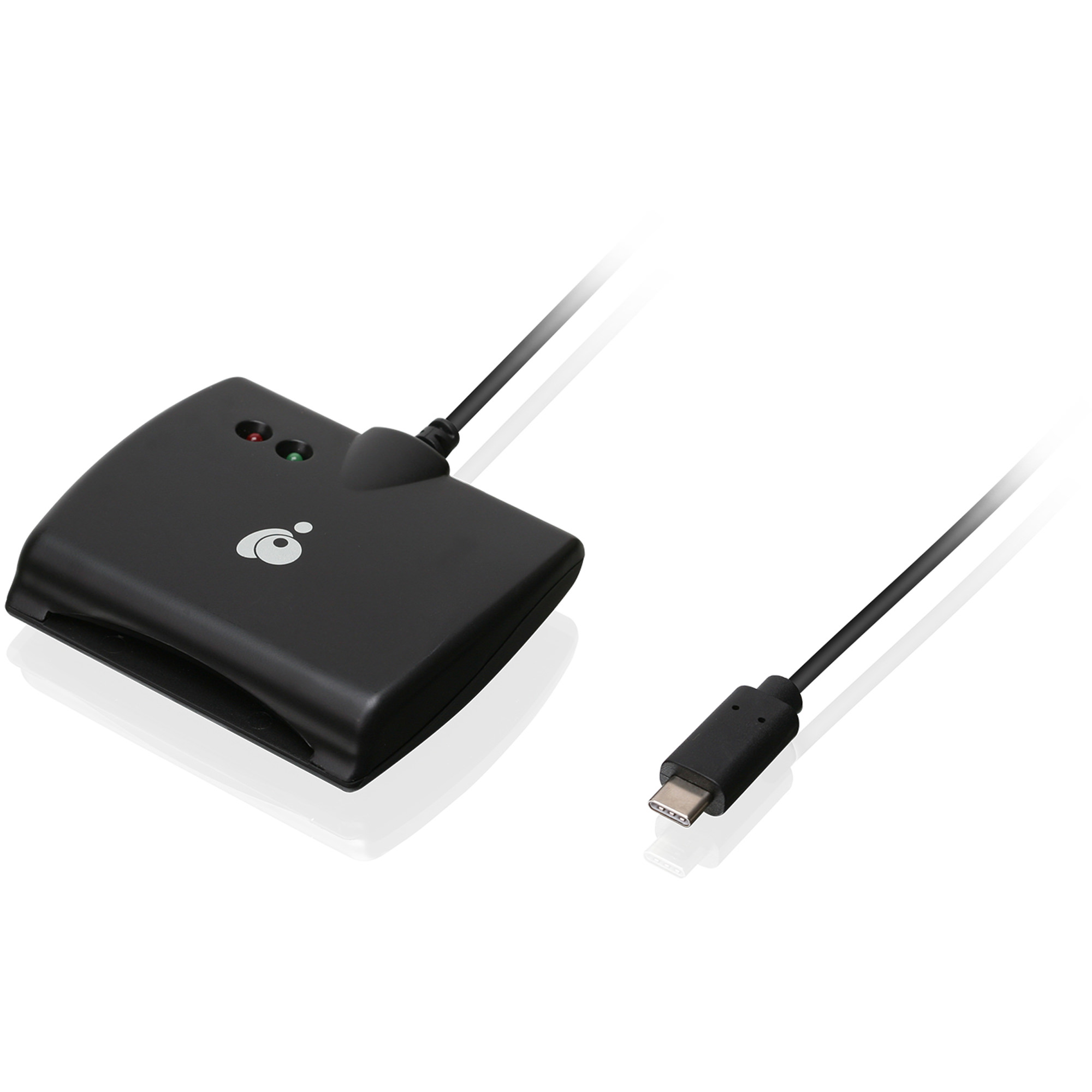 Black USB-C smart card reader with a sleek design, featuring LED indicator lights and a connected USB Type-C cable, designed for contact card reading and TAA compliance.